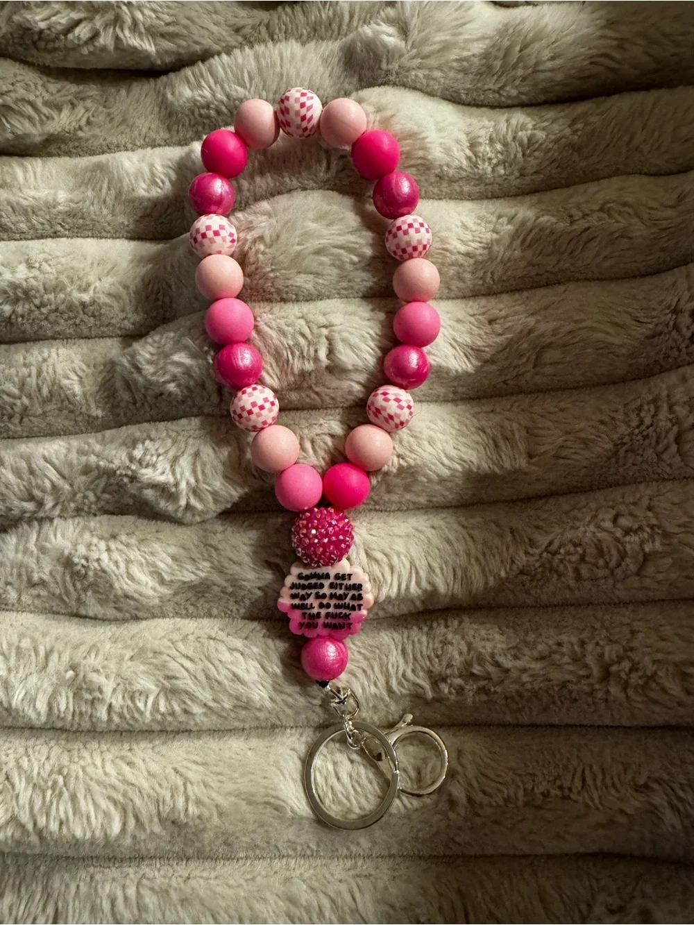 Pink Beaded Wristlet Key & Card Holder